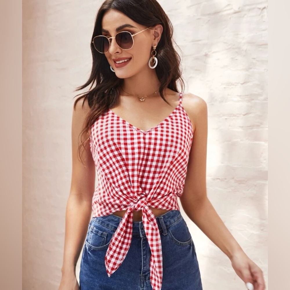 Women’s Small Red & White Gingham Spaghetti Strap Tie Crop Top Pin-up Rockabilly